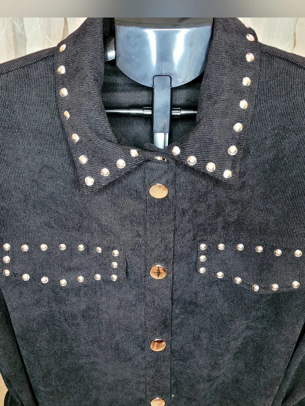 Shein Curve Black Corduroy Stud-Trim Collared Women's Belted Jacket Shacket